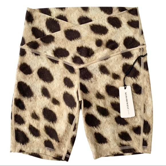 WeWoreWhat Leopard Print Splice Legging V-Front High Rise Biker Shorts Tan/Brown - Picture 2 of 16